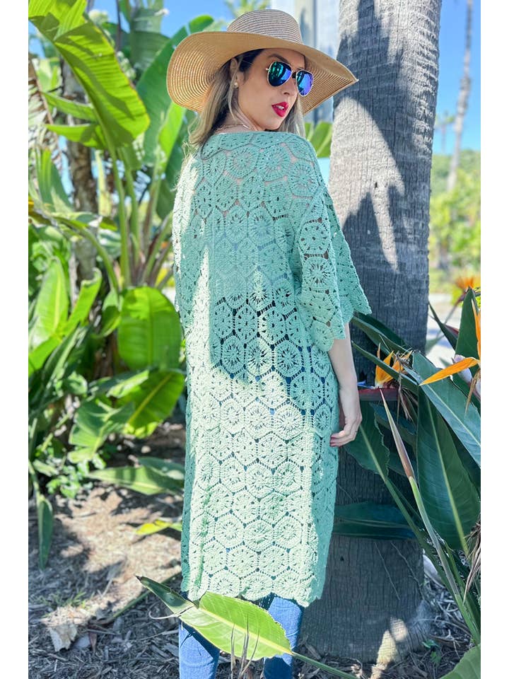 Salvia Sage sexkantig virkad 3/4 ärm Maxi Kimono Cardigan för wholesale på Faire7