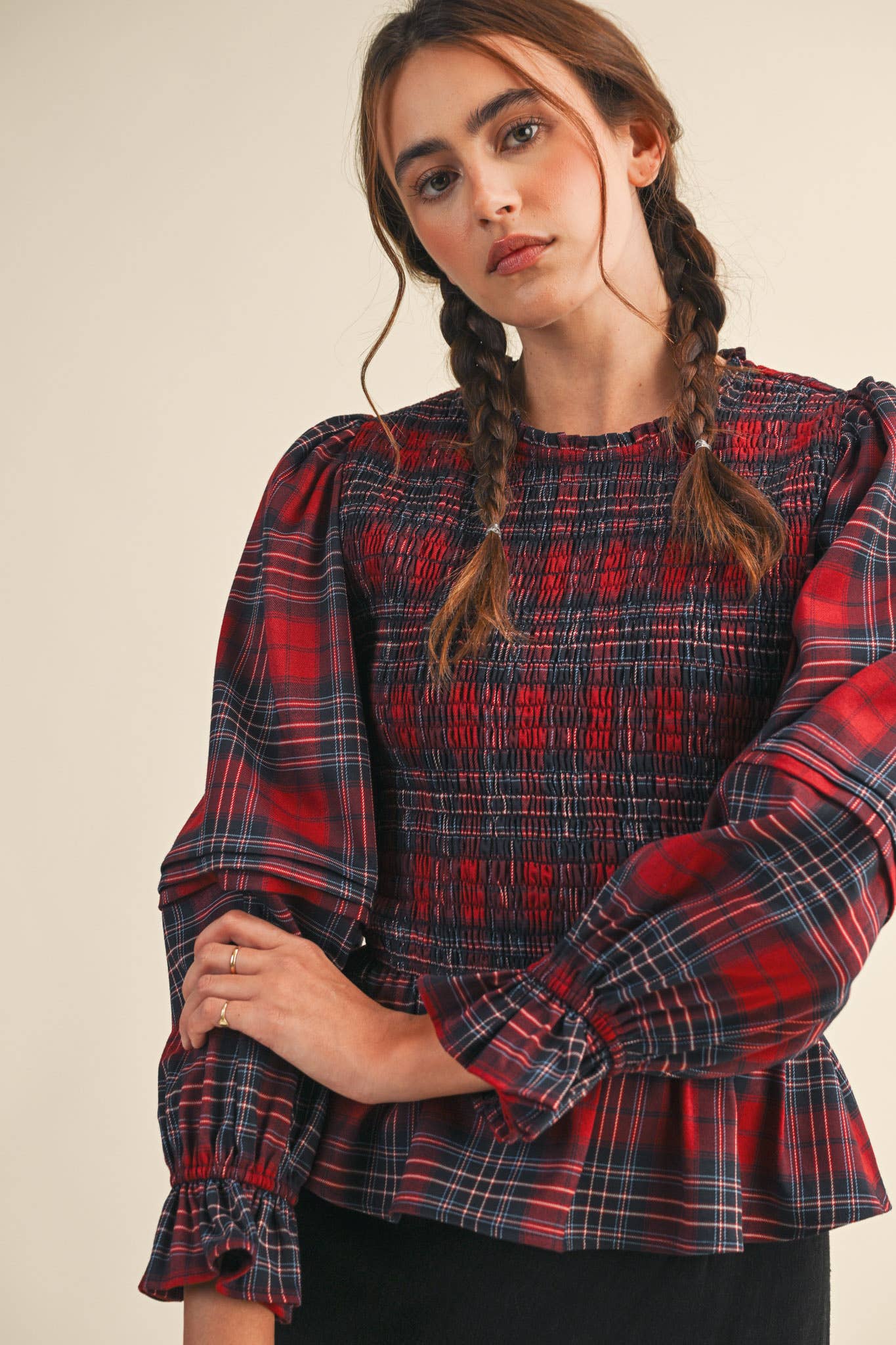 SMOCKED PLAID PUFF SLEEVE PEPLUM TOP MTP4192 for wholesale on Faire13