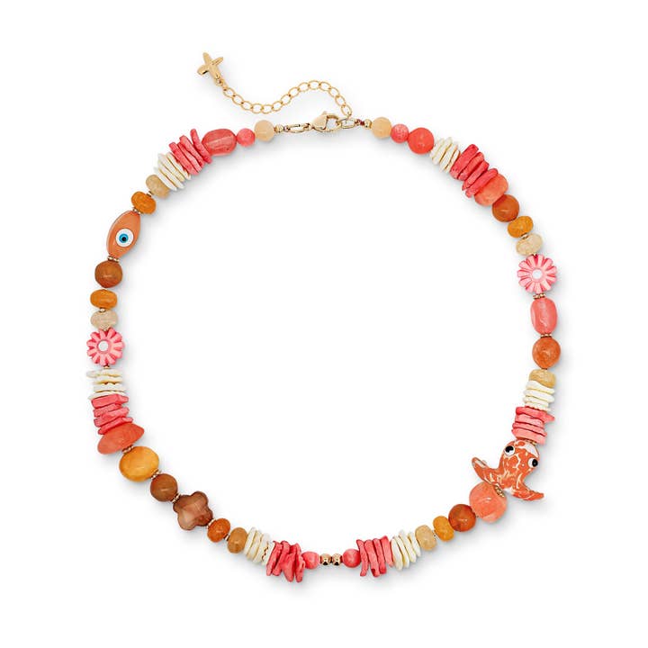Coral, Orange & Yellow Mixed Jade Natural Stone and Shell Beaded Charm Necklace for wholesale by XUXA