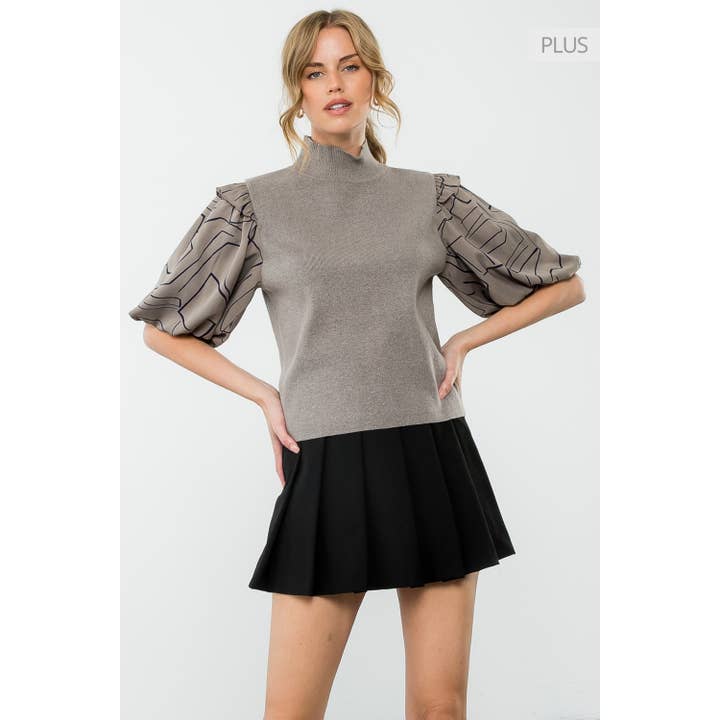 /Size XL/ Gray Mixed Media Knit Top with Puff Printed Long S for wholesale by THML