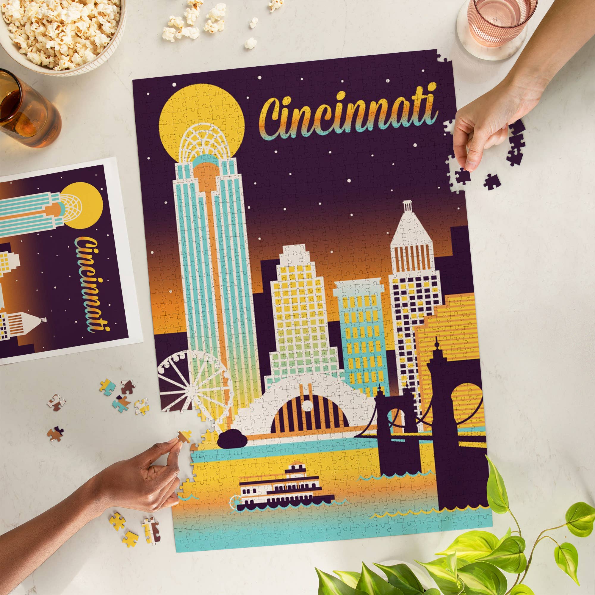 Lantern Press – wholesale Puzzle – Adult – 1000 PIECE PUZZLE Cincinnati, Ohio, Retro Skyline Chromatic1