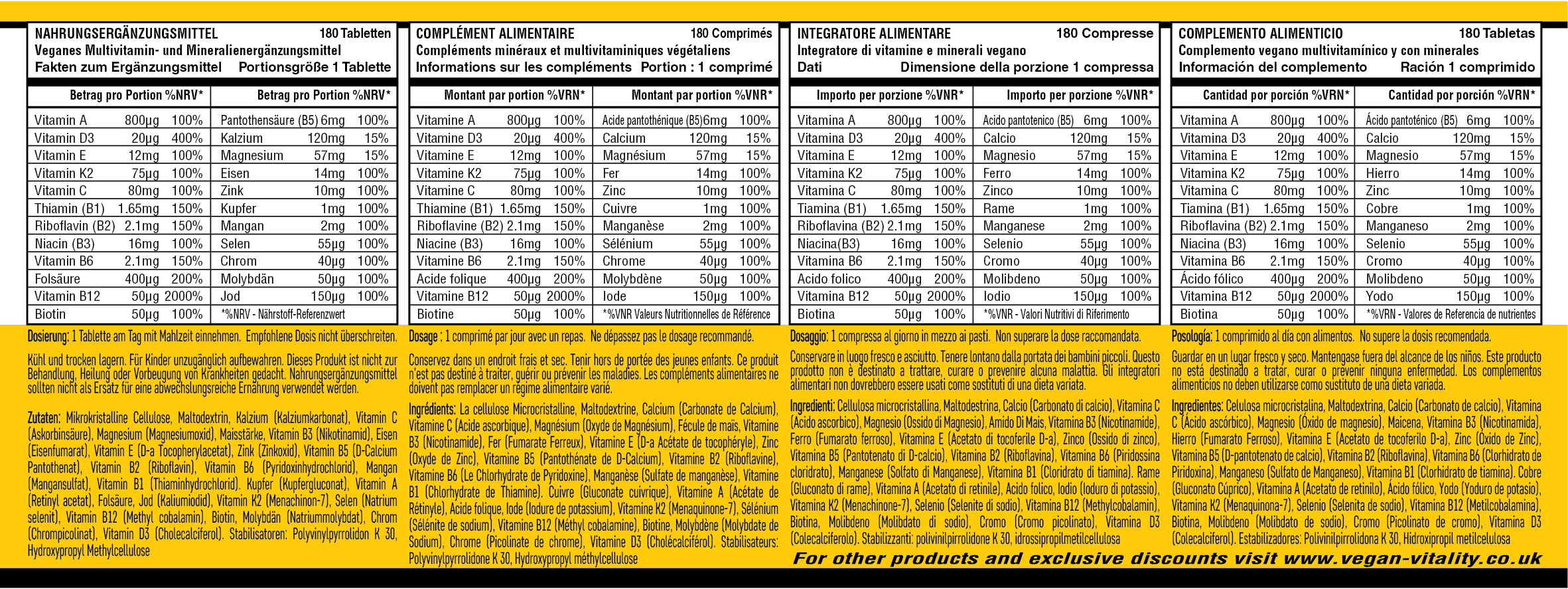 Vegan Vitality – Suplemento/vitamina oral por atacado – Multivitaminas e minerais veganos com alto teor de B12, D3 e K210