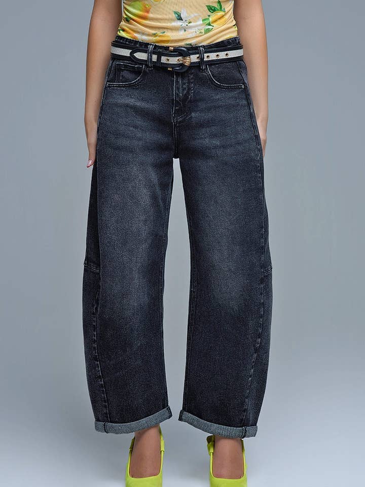 Washed Black Barrel Jeans With Seam Detail for wholesale by Q2—All Orders:Free Duties for the US,UK,and Canada