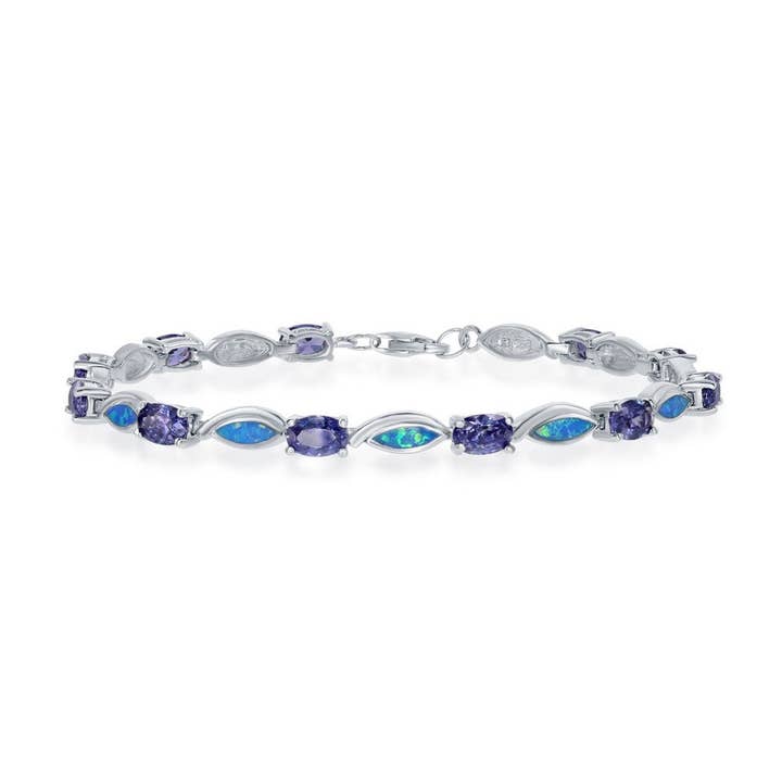 Bracelet en argent sterling avec zircone cubique ovale en tanzanite et opale bleue pour la vente par International Excellence