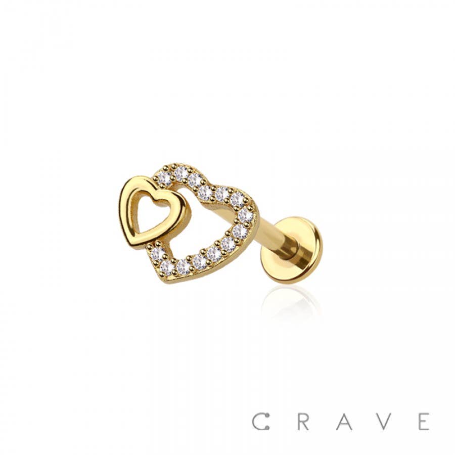CRAVE - Wholesale Stud/Post Earrings - DOUBLE HEART INTERNALLY THREADED 316L SURGICAL STEEL LABRET0