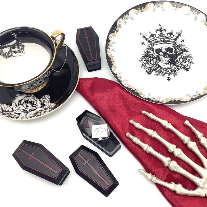 Mourning Tea. Black Tea and Roses in a Halloween Coffin Box for wholesale by All Little Cute Things
