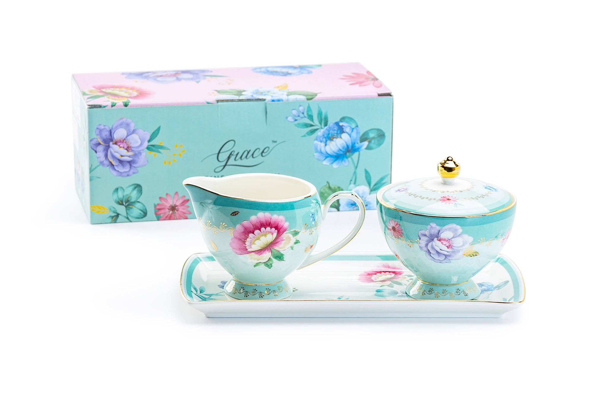 Grace Teaware - Wholesale Serving Tray - Mint Flower Garden Fine Porcelain Sugar Creamer Serving Tray1