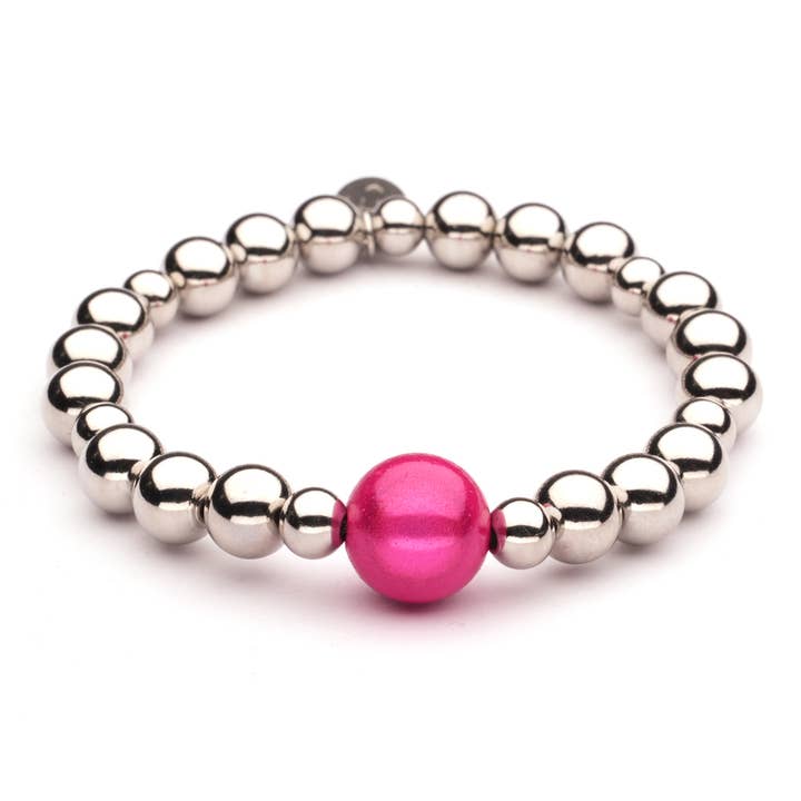 LizzyMae armband stainless steel zilver parel 12 mm fuchsia for wholesale by LOT83