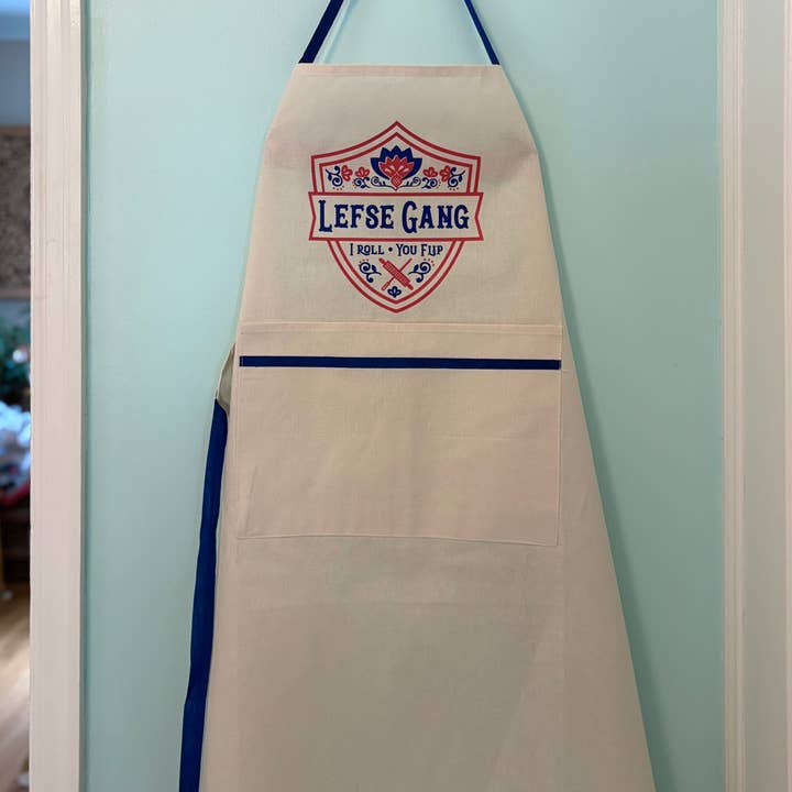 Beckamade - Wholesale Apron - Apron - New Lefse Gang Blue and Red on Natural Flour Sack Cotton Apron with Pocket6