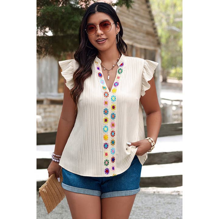 BEIGE Plus Pleated Print V Neck Ruffle Fit Shirt for wholesale on Faire