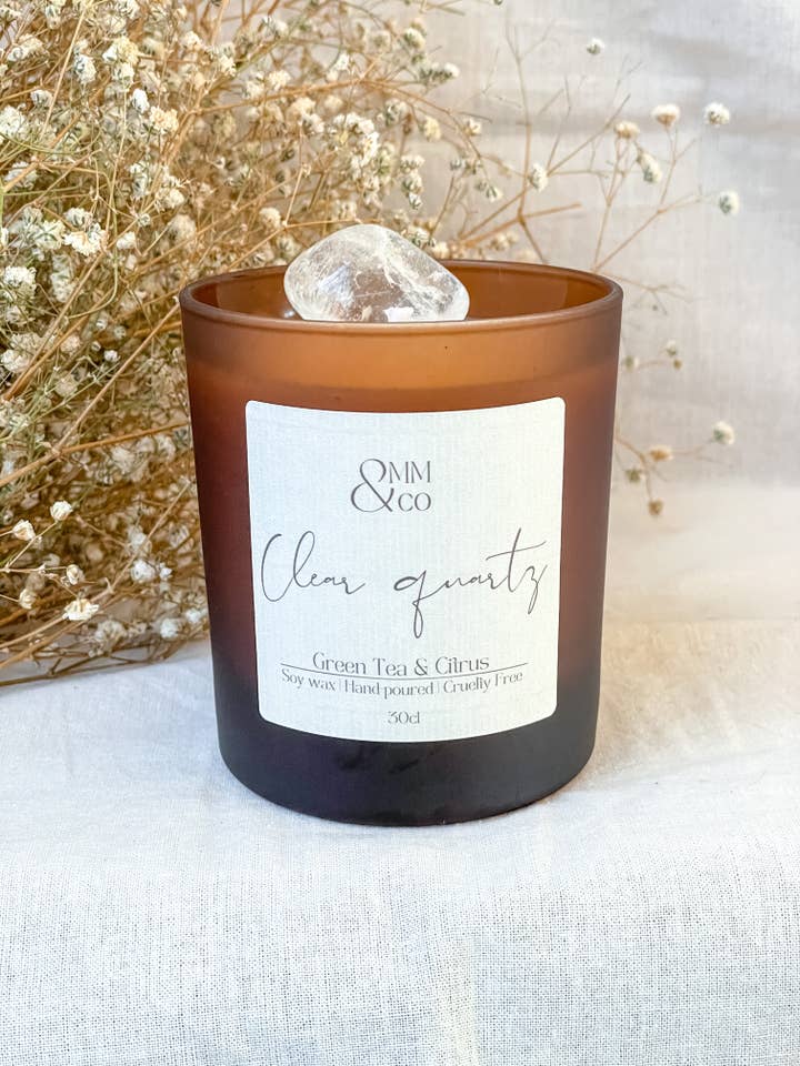 Clear Quartz Luxe Crystal Candle|Green Tea + Citrus for wholesale by Omm & Co
