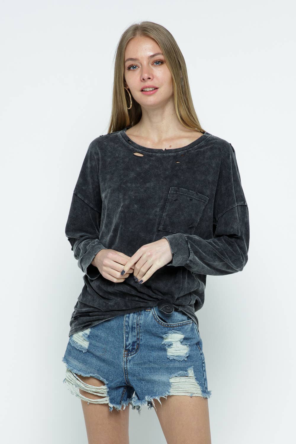 CHARCOAL 12567T - MINERAL WASHED DISTRESSED KNIT TOP for wholesale on Faire2