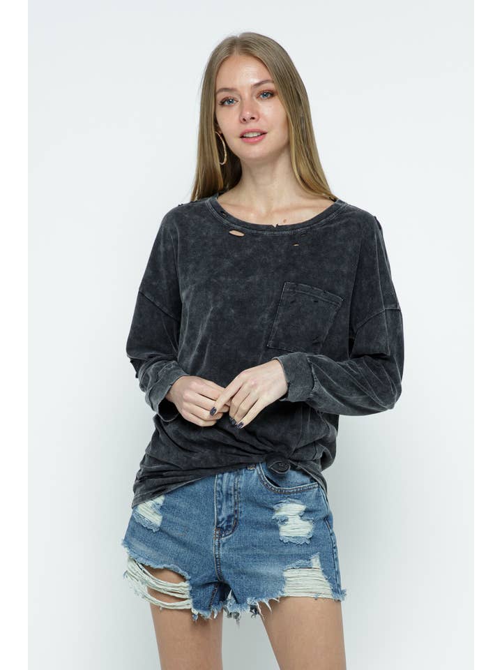 CHARCOAL 12567T - MINERAL WASHED DISTRESSED KNIT TOP for wholesale on Faire2