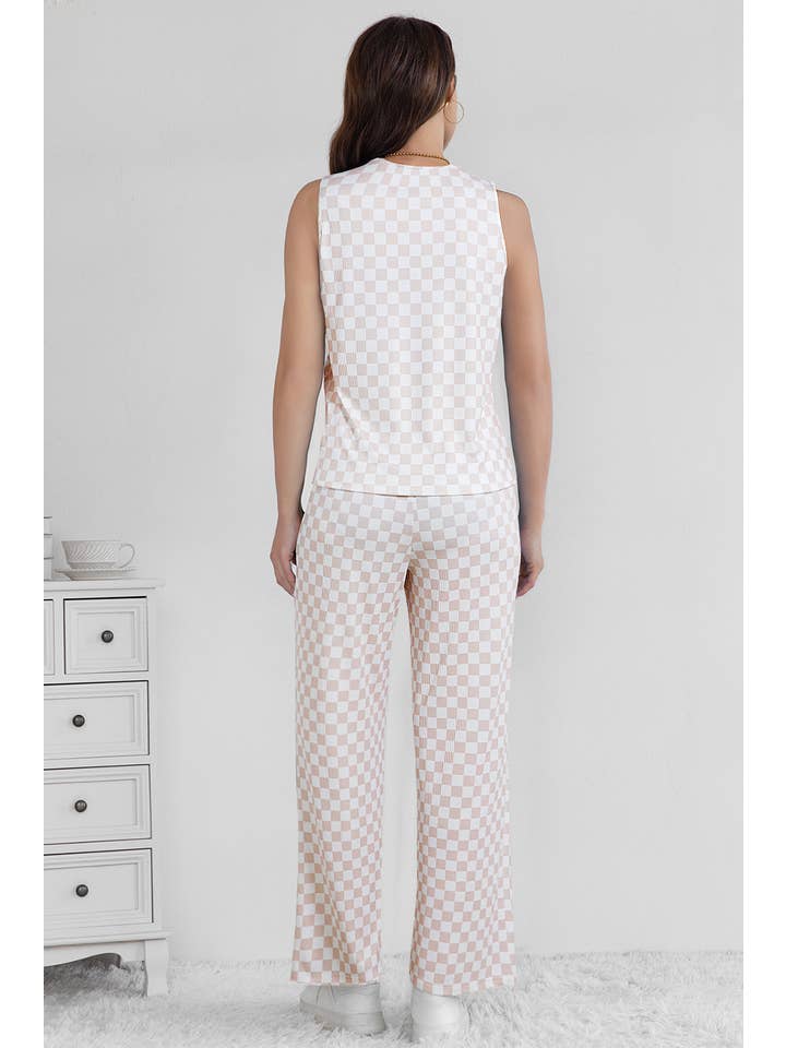White Ribbed Texture Checkered Print 2pcs Tank and Pants Set for wholesale on Faire