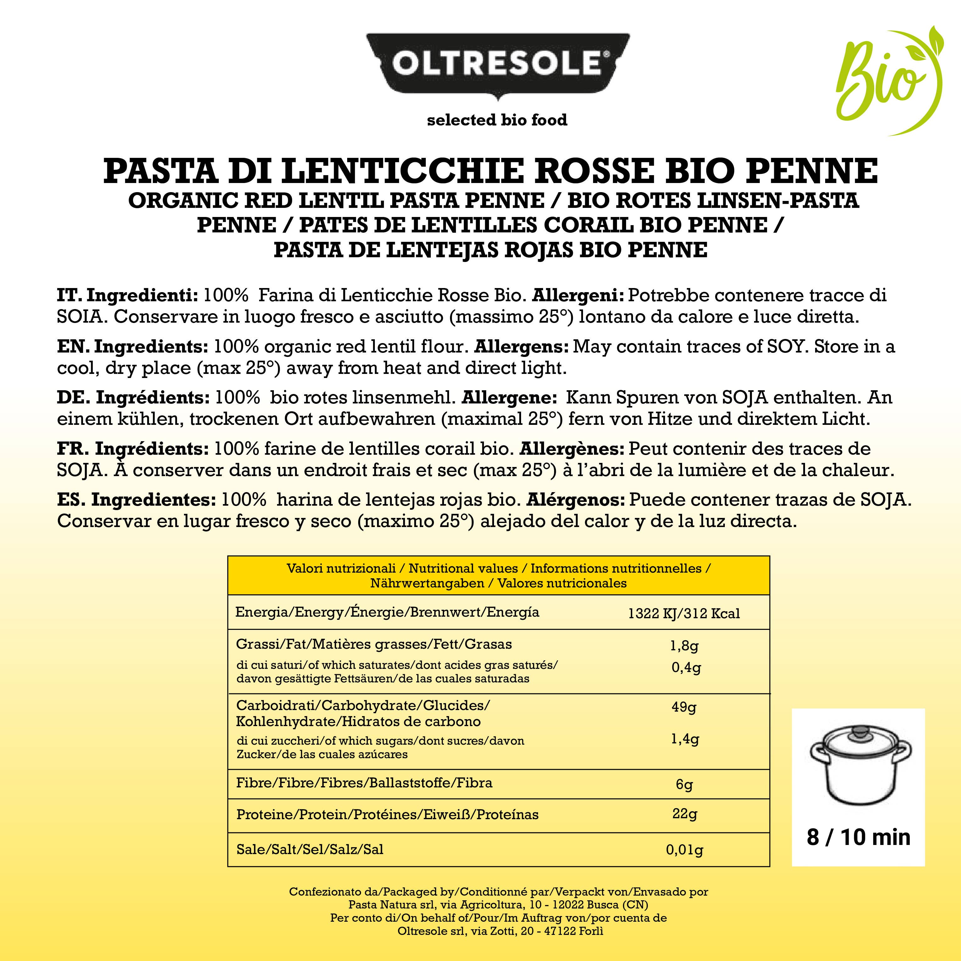 Oltresole – wholesale Pasta – EKOLOGISK RÖDA LINSER PASTA PENNE 4 kg2