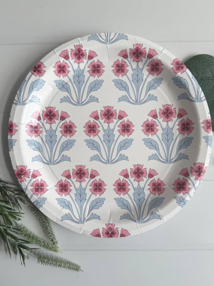 Pink and Blue Floral Block Print on White Dinner Plates for wholesale by EnFete, LLC