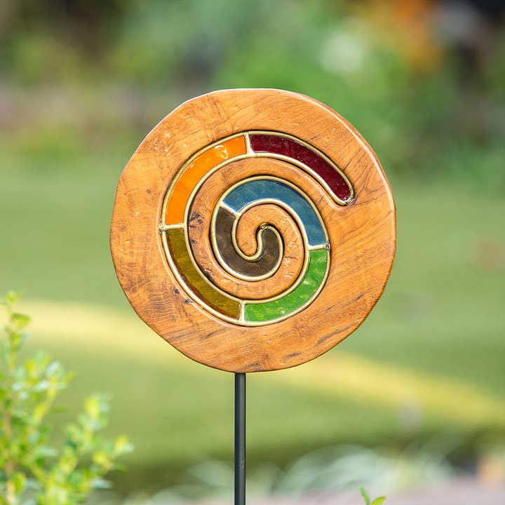 Teak Slab Stained Glass Spiral Garden Stake - 4FT for wholesale by Garden Age Supply