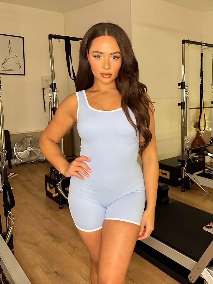 Sky Blue Cut Out Back Piped Edging Short Unitard - Clio for wholesale by Femme Luxe