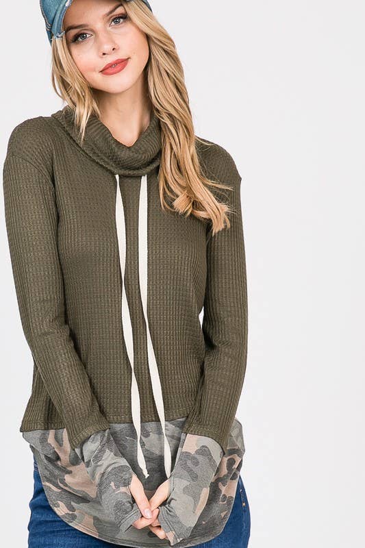 7th Ray - Wholesale Sweatshirt - Women's - Brushed Waffle Camo Contrast Thumbhole Cuff Twofer Top T20413