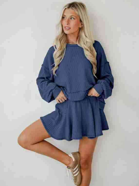 Marayn - Wholesale Top & Skirt Set - Women's - Autumn Ribbed Set Lantern Sleeve Top  Pleated Skirt19