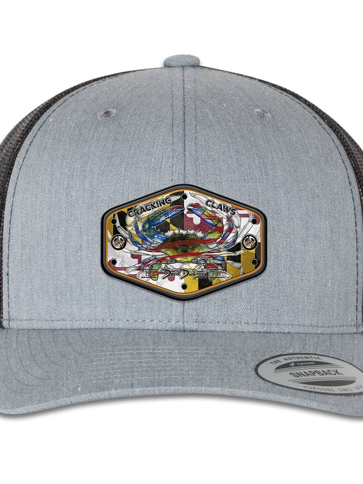 Maryland Ameri Blue Crab 6 Panel Trucker Snap Back Heather Grey Black Hat for wholesale by David Dunleavy