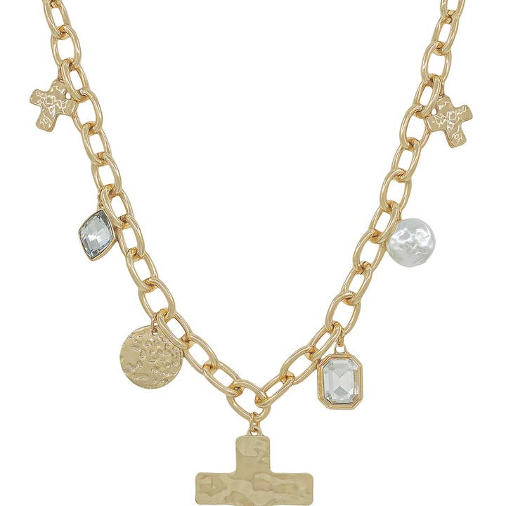 Cadena de oro resistente al agua con cruz martillada, perla y cristal, collar de 16"-18". para venta al por mayor de What's Hot