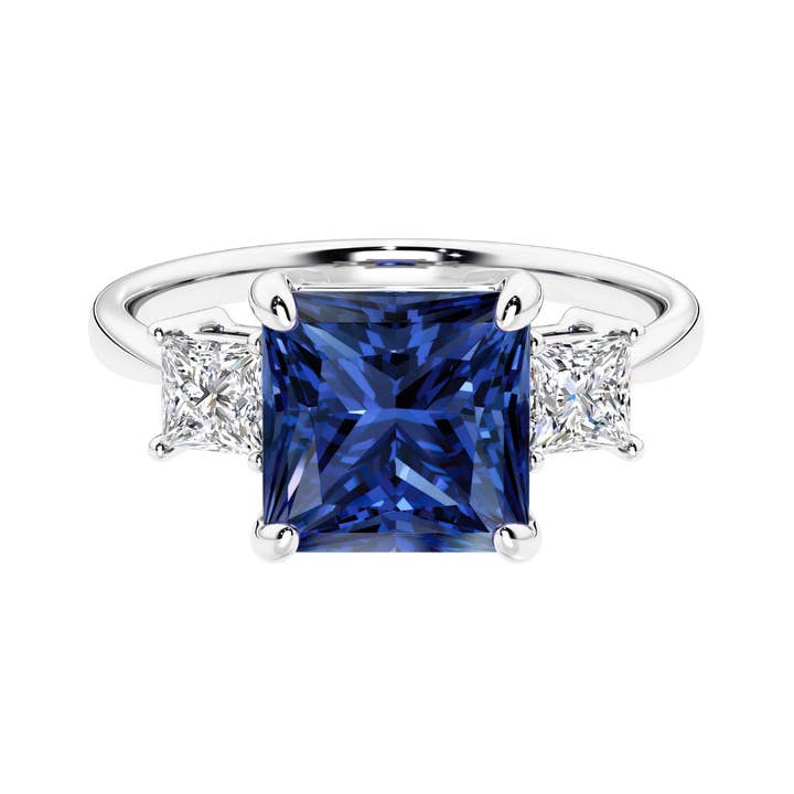 Anel de Ouro 14k com Safira Azul de Corte Princesa de 2,25Ct e Diamante por atacado de DV Custom Jewelry USA