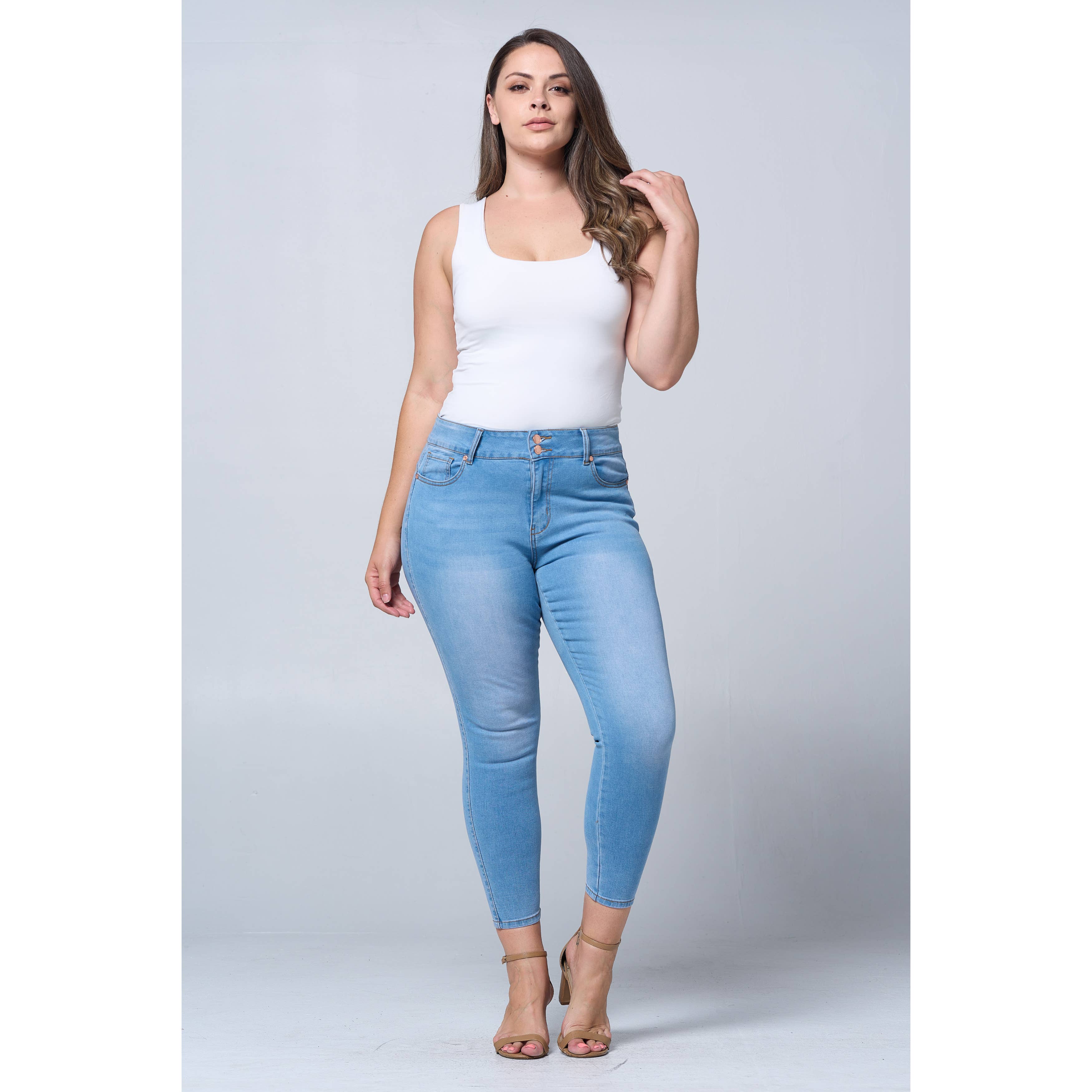 Donkerblauw Plus Size Skinny Jeans met Buikcorrigerende Taille en Lifting voor de Billen PH3502X Donkerblauw voor groothandel op Faire13