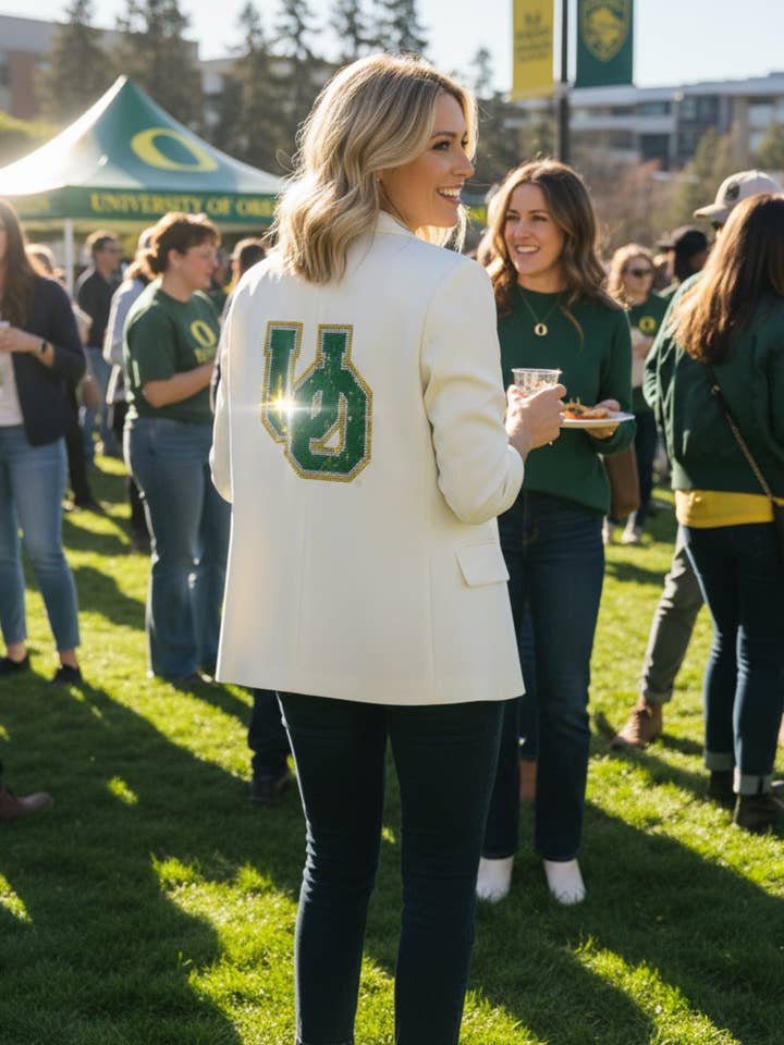 Blazer à manches froncées blanc avec grand logo entrelacé UO de l'Université de l'Oregon pour la vente par Moving Forward Designs