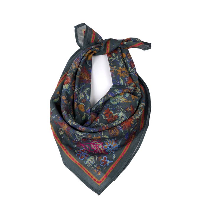 Vineyard Bloom Embroidered Bandana - Charcoal Grey for wholesale by Vismaya - A Brand by Shivani LLC