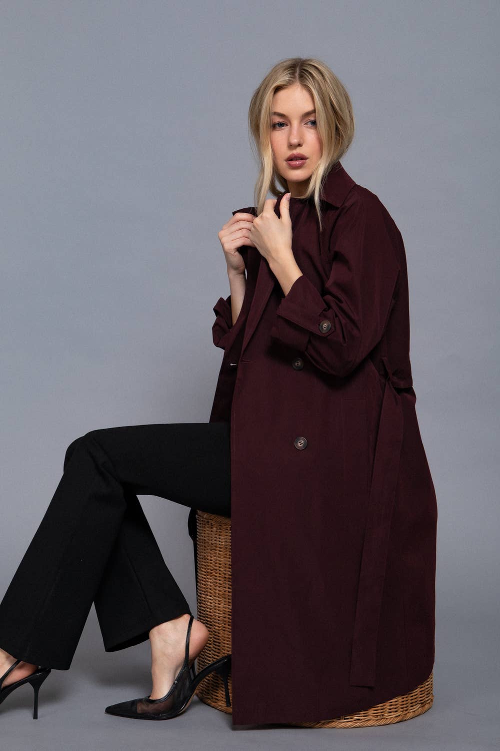 Active Basic | Active USA - Wholesale Trench Coat - Women's - Long Sleeve V-Neck Lapel Collar Trench Coat with Belt11