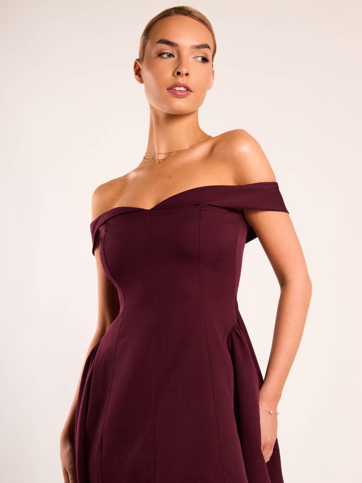 Lady Burgundy Bardot A Line Mini Dress for wholesale by Jaded Rose