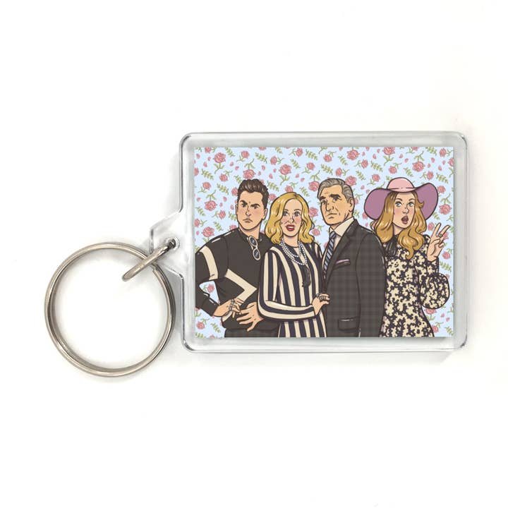 Llavero de plástico Schitt's Creek con retrato de la familia Rose para venta al por mayor de Lucky Mfg. Co.