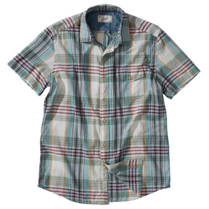 Chemise à manches courtes en madras classique de Livingstone - Bleu lunaire et beige pour la vente par Grayers