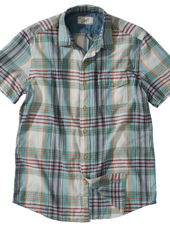 Camicia a maniche corte in madras classico di Livingstone - Blu Roccia Lunare Tan per la vendita all'ingrosso da parte di Grayers