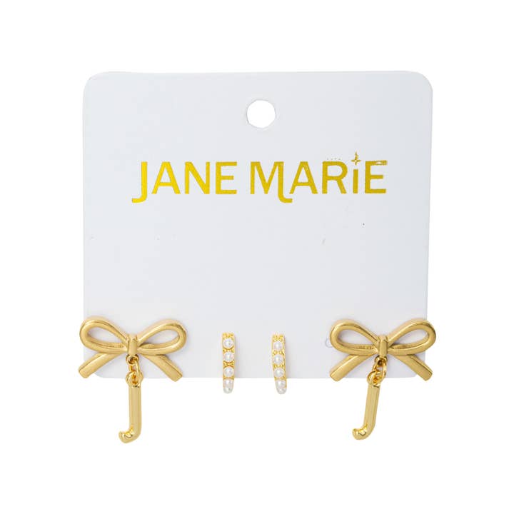18K Plated Set of 2, Pearl Huggie & Bow & "J" Earring for wholesale by Jane Marie