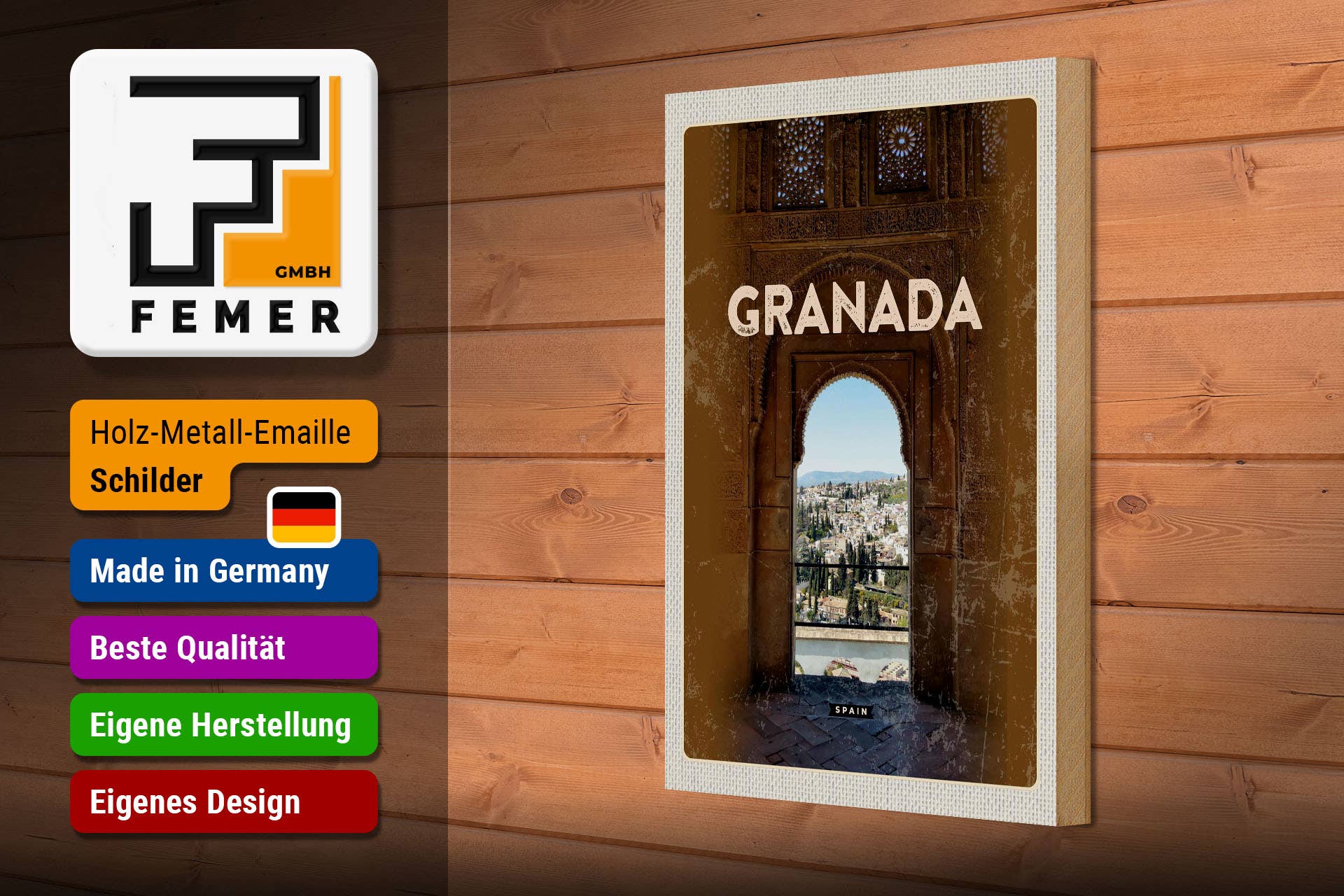 Femer - Wholesale Sign - 20x30cm Retro Granada Spain Architecture Wooden Travel Sign2