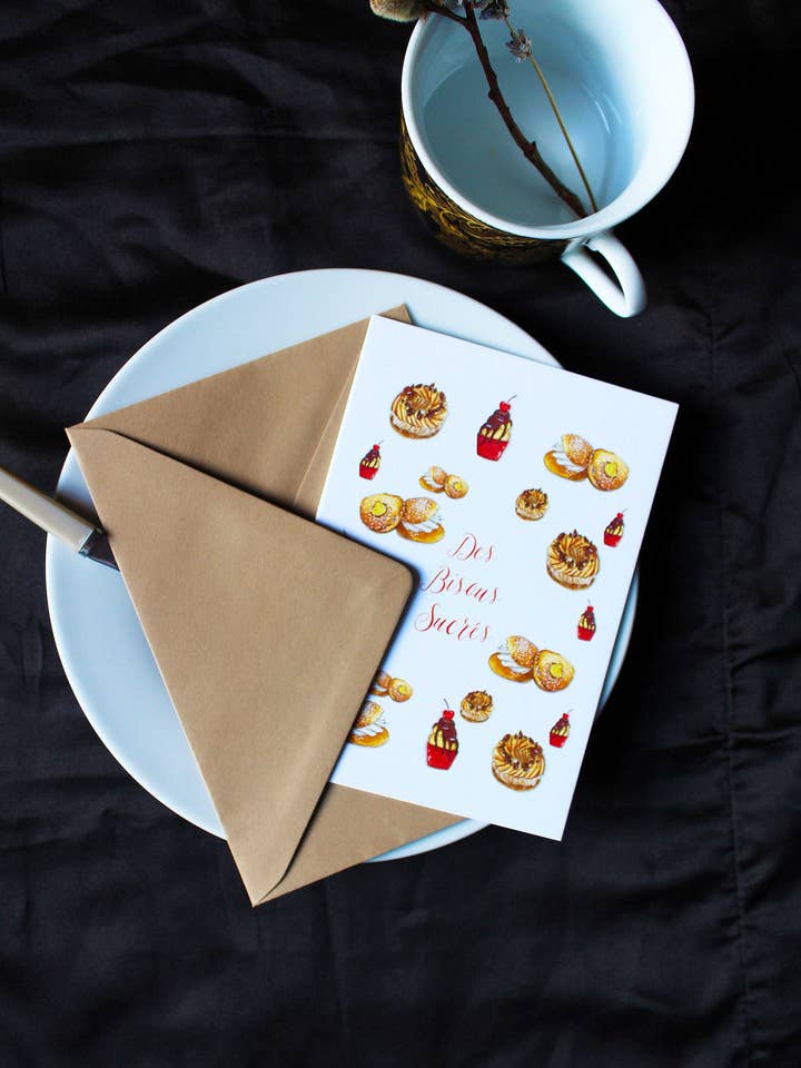 Akvarelpostkort med bagværk og kærlighedsord for engroshandel hos Au cœur des lunes