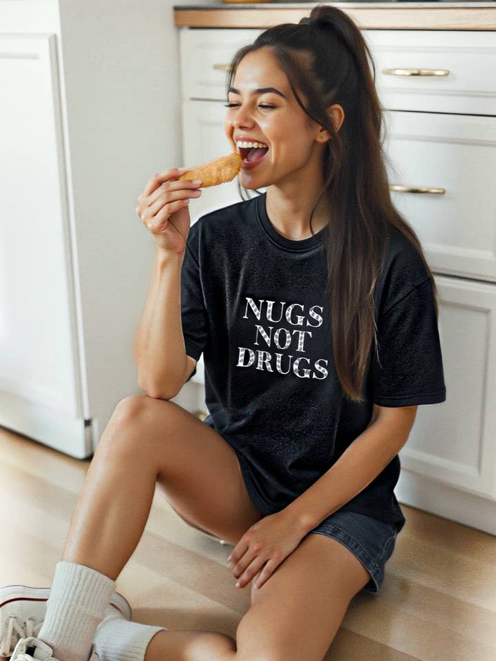 Girl Code Couture - Wholesale Screen Printed T-Shirt - Women's - “Nugs Not Drugs” Graphic & Studded Washed Tee1