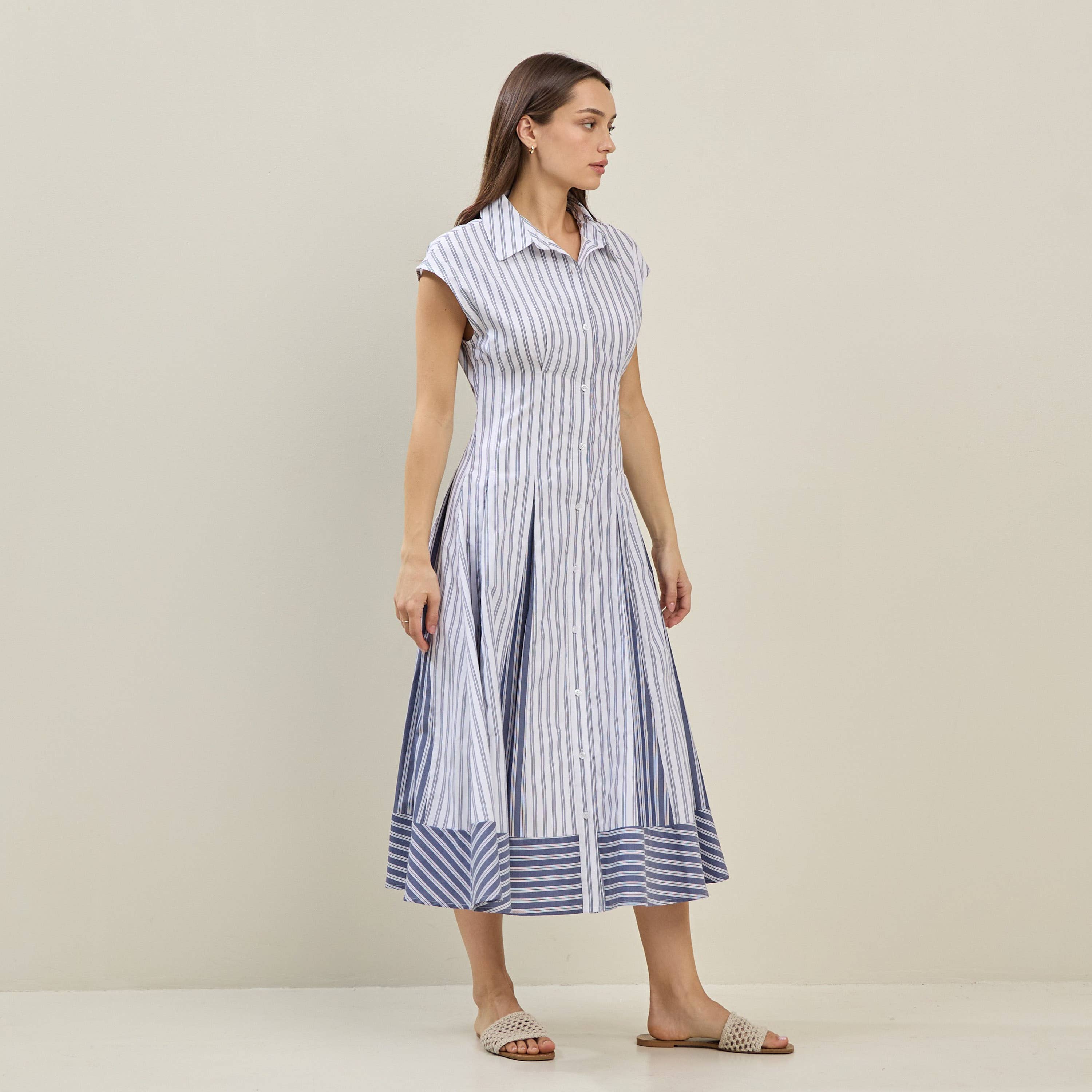 IVORY BLUE Pinstriped colorblock shirtdress for wholesale on Faire2