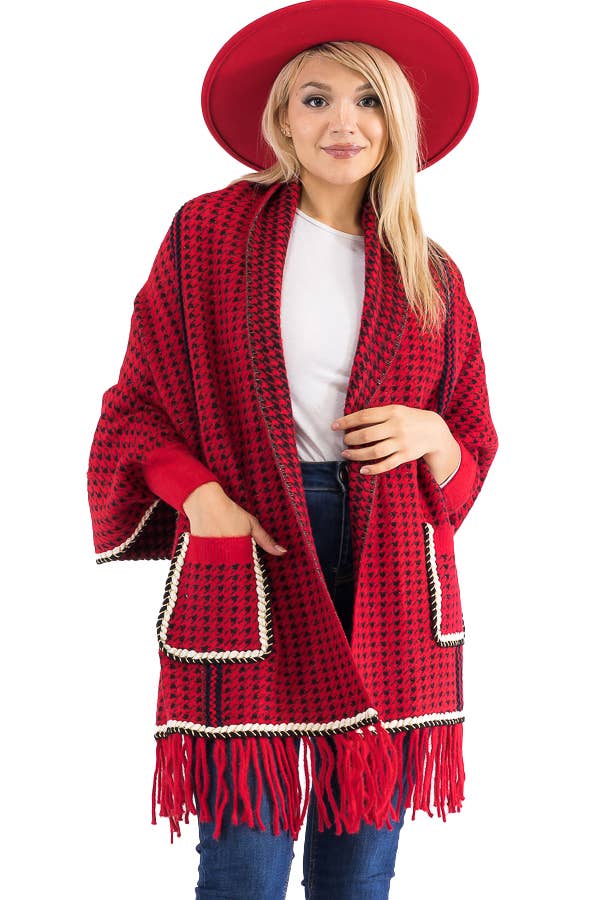 Cap Zone - Wholesale Poncho - Women's - Narrow Tri-Stripe Houndstooth Cardigan Sweater Poncho7