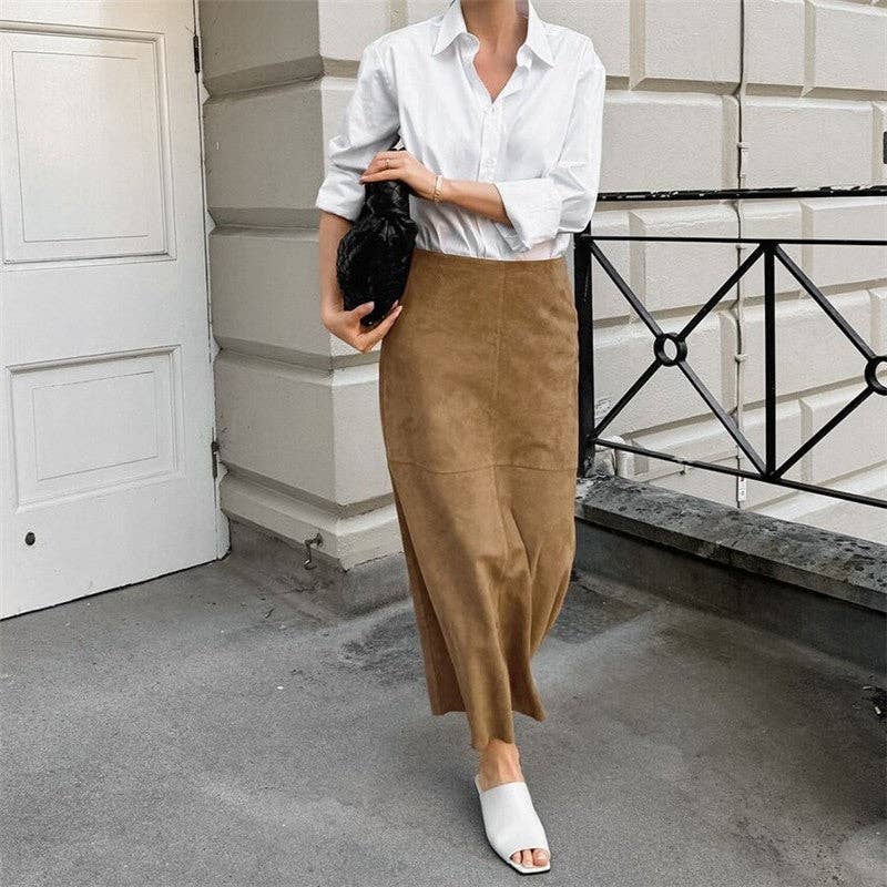 KHAKI Solid High Waist Straight Suede Midi Skirt for wholesale on Faire0