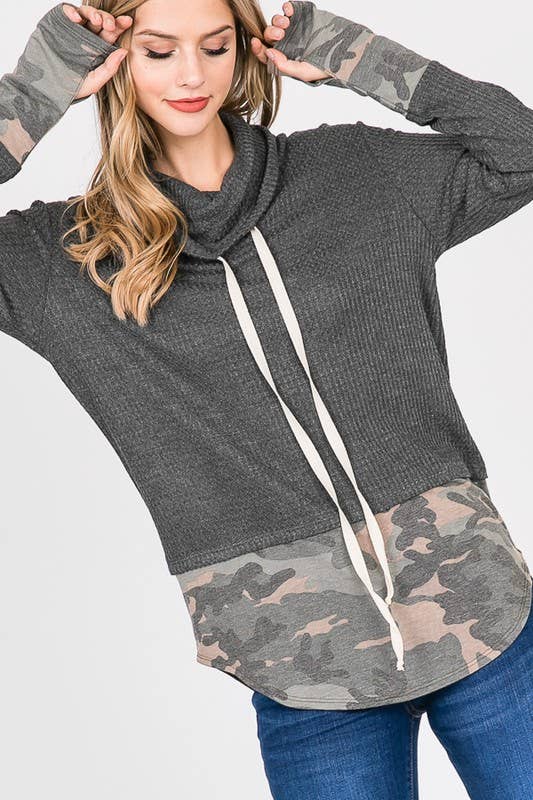 7th Ray - Wholesale Sweatshirt - Women's - Brushed Waffle Camo Contrast Thumbhole Cuff Twofer Top T204118