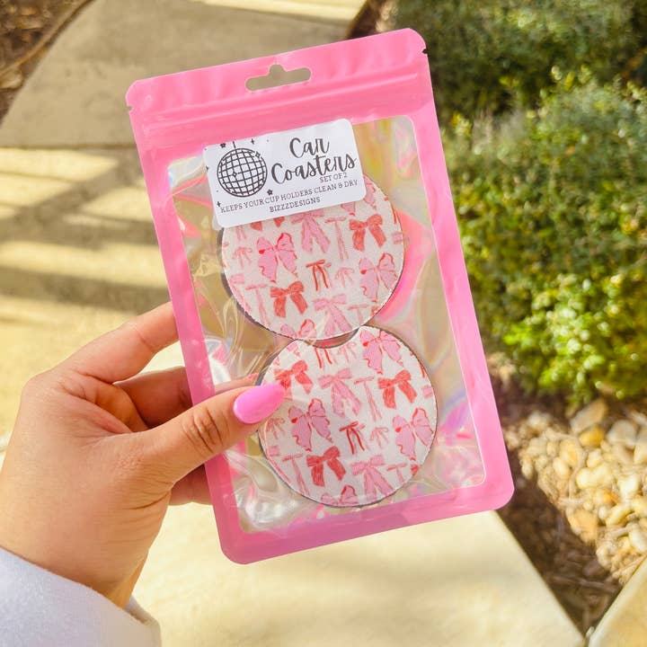 Bizzz Designs - Wholesale Car Coaster - Women's - Pink Bow Coquette Car Coasters | Bow Car Coasters Set of 5