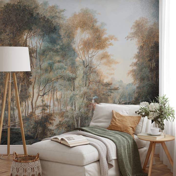 Vintage landschap wandmuurschildering, panoramisch zelfklevend muurschildering voor wholesale door SimurgWallArts