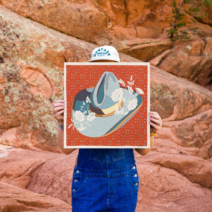 Caroline Clark - Wholesale Art Print - Blue and Red Cowboy Hat Floral Art Print1