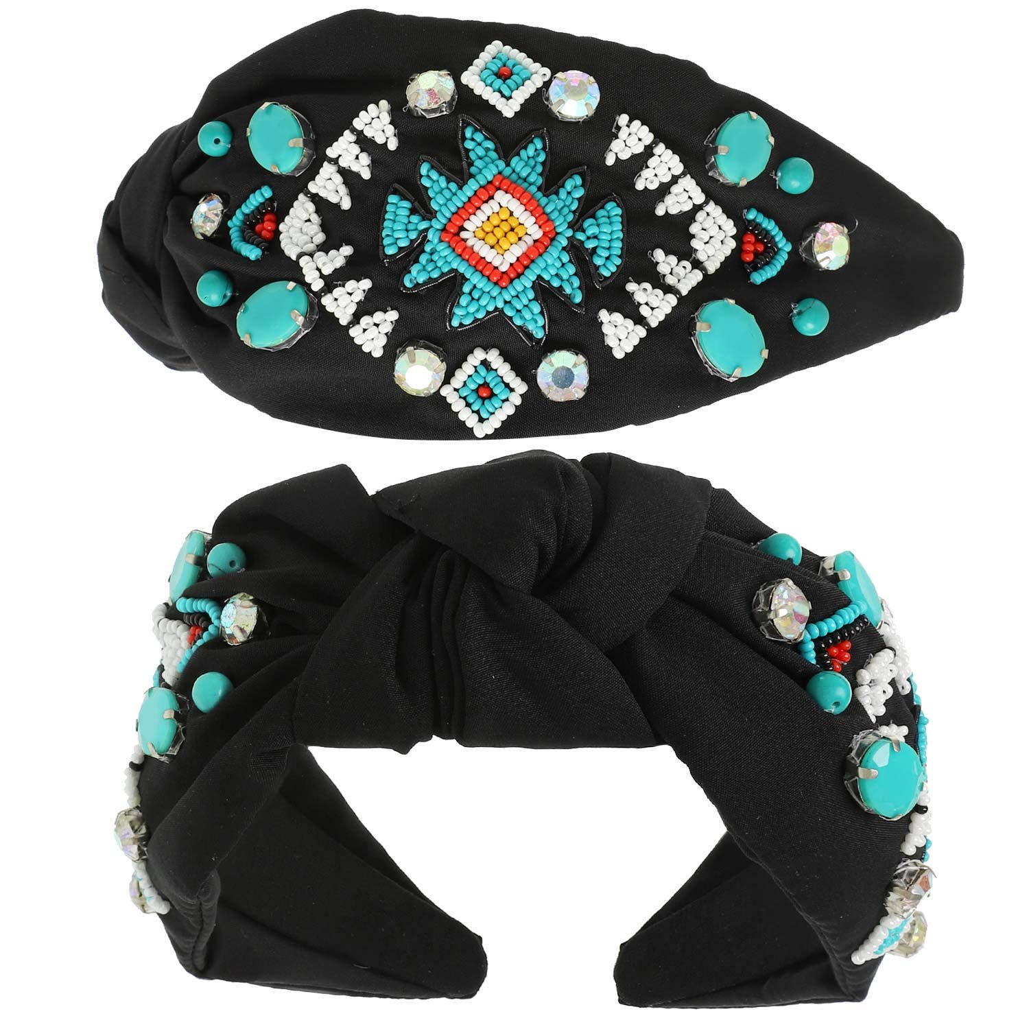SP Sophia Collection - Wholesale Fashion Headband - Women's - Western Aztec Design Top Knotted Beaded Headband0
