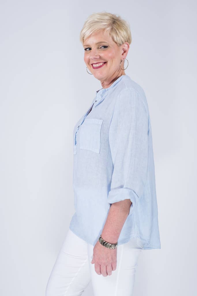 TINA Stephens Italy/Tees By Tina – Túnica - Mulher por atacado – Destino Linho Henley Top (BQ158)7