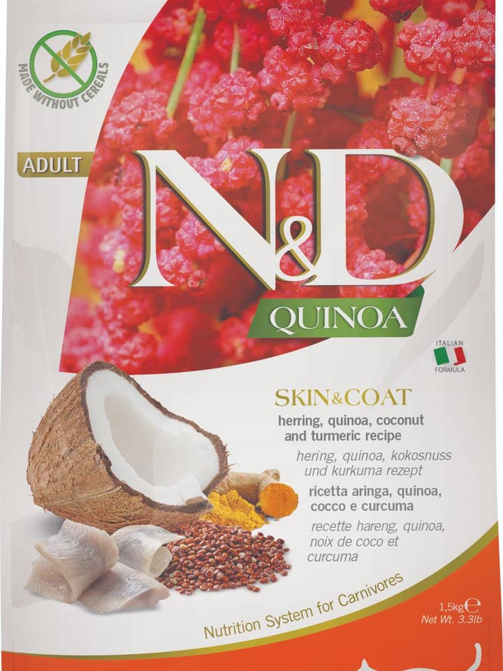 N&D Quinoa Kat Hud og Pels Sild 1,5 kg for engroshandel hos Finest Petfoods