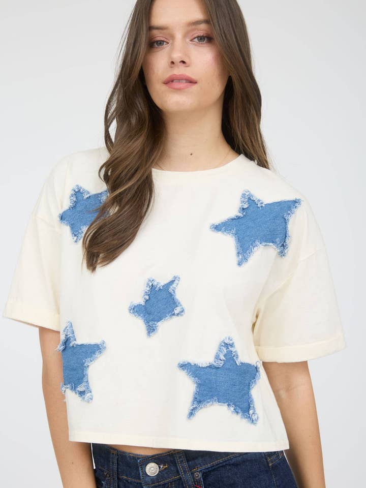 T-SHIRT EN MAILLE À MANCHES COURTES AVEC ÉTOILE EN DENIM pour la vente par J.O.A